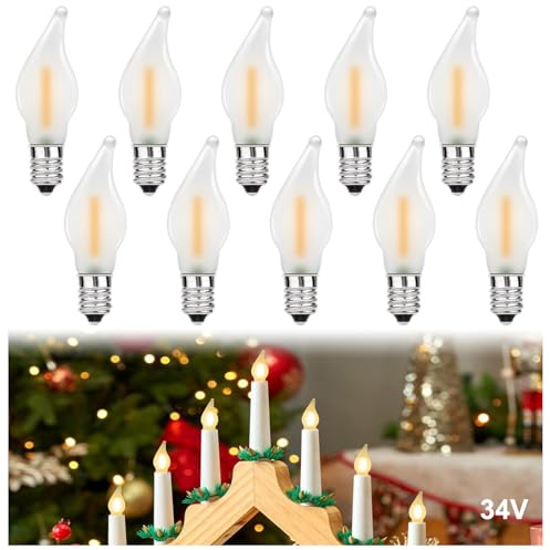 MZYOYO 10 Stück E10 LED Glühbirne,AC 34V E10 LED Kerzen für Schwibbogen,LED Spitzkerzen LED Birnen für Schwibbogen,LED Kerzen 2100K Warmweiß,0,2W,3LM,Matt