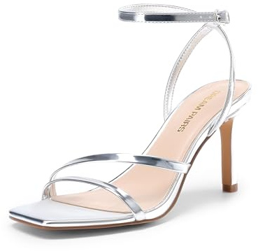 DREAM PAIRS Sandali da donna con tacco alto a spillo, punta aperta, quadrati, con cinturino alla caviglia, sexy, comodi, con cinturini, per abiti da cerimonia, per feste, per matrimoni, Argento, 39.5
