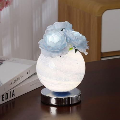 LOGT Rose Blume Lampe Touch Dimmbar Kristall Tischlampe Kabellos Akku Nachttischlampe mit Glas Vase Unendlich Dimmbar Tischleuchten USB Wiederaufladbare für Haus Wohnzimmer Desktop Dekor,Blau