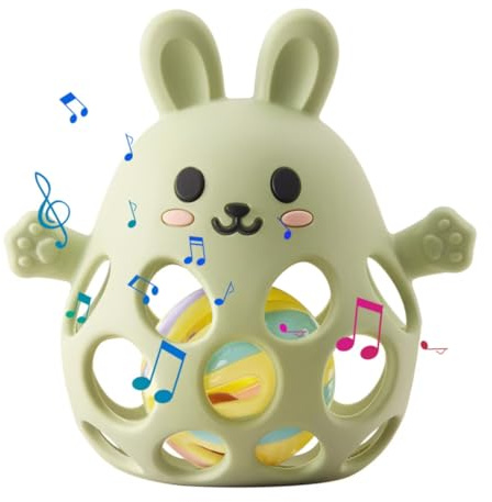 Arudyo Anneau de Dentition Bébé Jouet à Mordre en Silicone avec Lapin et Grelot Aide à la Poussée Dentaire et Anneau Préhensile pour Nourrissons (Olive)