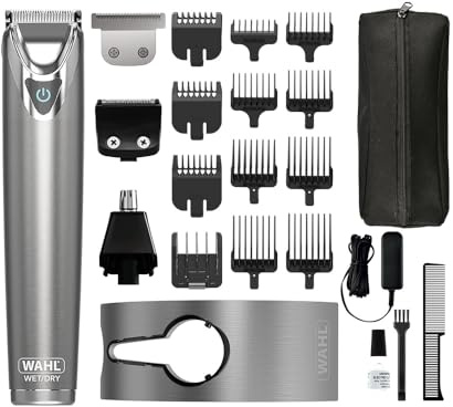 WAHL Washable Stainless Steel Multigroomer, regolabarba e tagliacapelli per uomo, tagliacapelli domestico, regolabarba per naso e orecchie, set per la cura maschile, completamente lavabile, senza fili