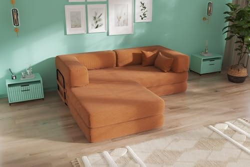 NIMBA LITERIE CANAPÊ PUFU Ottoman – CANAPÊ-LIT Convertible en Velours CÔTELÊ, MODULAIRE (Fonce Orange)