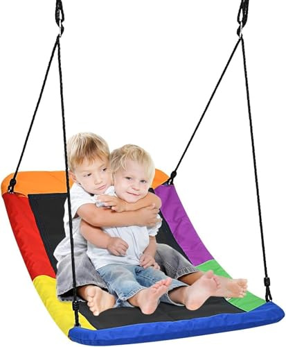 Tree Swing for Kids and Adult, Adjustable Heavy Duty Large Rectangle Swing Seat with Hanging Ropes, Easy Setup, Flat Swingset for Indoor Outdoor Backyard