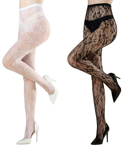 MANZI Muster Netzstrumpfhose Damen Schwarz Halloween Strumpfhosen mit Muster,1 Paar Schwarz Blumen 1 Paar Weiß Blumen