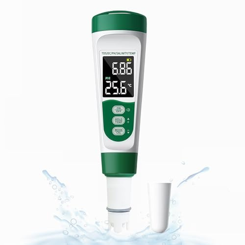 MidingChai Testeur de pH Piscine Electronique 5 en 1, PH Mètre avec lecture vocale (PH/TDS/EC/SEL/TEMP), rechargeable et avec compensation automatique de température, pour piscines et aquariums