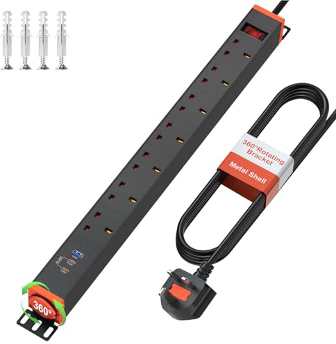 7 way Extension Lead Surge Protection with 2 USB C PD20W, Wall Mounted Power Strip with 360° Rotating Brackets, Metal Housing, 1.8M Cable Extension Cord, Black