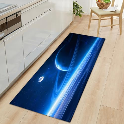 Generico Tappeto Passatoia Lungo 40 x 120 cm, Corridore Antiscivolo per Corridoio Spazio Luna Blu Pianeta - Tappeto Lavabile Stile Fantastico per Cucina Ingresso Bagno Camera Scale
