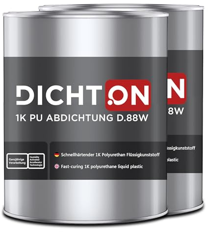 1K PU Abdichtung grau 2x1kg - Polyurethan Flüssigkunststoff Abdichtungsmasse für Dach, Balkon, Terrasse - neueste Generation, schnellhärtend, blasenfrei, ganzjährige Verarbeitung - DICHTON D.88W