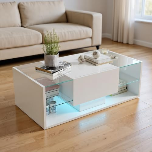TIMORWTF Mesa Baja Rectangular,Mesa de Centro Moderna con Iluminación LED,Mesa de Salón para Café con 1 Cajón y Espacio de Almacenamiento Abierto,Tablero de Vidrio Templado,100x50x35cm, Blanco