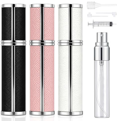 Nadisean 5ml Parfümzerstäuber Nachfüllbar, 3 Stück Parfum Zerstäuber für Unterwegs, Leer Portable Sprühflasche PU Texture, mit Tropfer, Pumpe für Reise Handtasche Unterwegs (Schwarz/Weiß/Rosa)