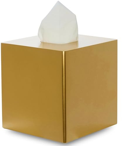 Yew Design Gold Square Tissue Box Cover, Decorative Tissue Box Dispenser for Bathroom, Parlors, Office, Bedroom Dresser, Vanity Countertop, Nightstand, Car, and Desk
