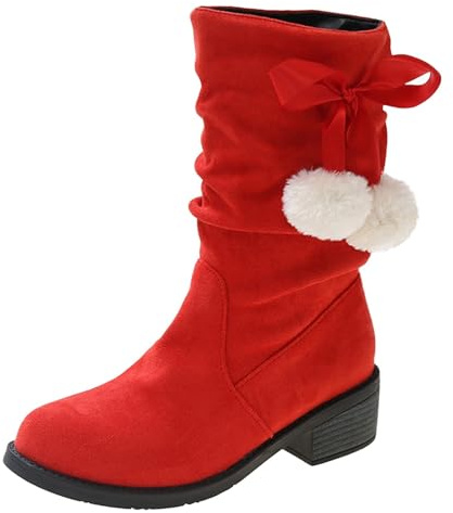 Generisch Stivali da donna natalizi in pelle scamosciata, con pompon, Colore: rosso, 39 EU