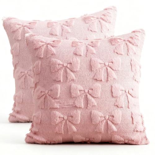 ZesGlyxyr 2 Stück Plüsch Kissenhülle, Schleife Kissenbezug Rosa, Deko Kissenbezug, Plüschige Aesthetic Kissenhülle für Schlafzimmer, Sofas, Wohnmöbel, Urlaubsdekoration - Rosa