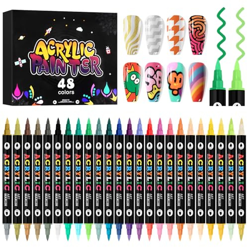 Kalolary Penna per Unghie, Marcatori Acrilici 48 Colori | Doppia Punta Pennello – Penne per Nail Art Professionali per Disegno, Calligrafia e Decorazioni