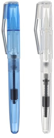 GLSTOY Pinceles para Caligrafía Tipo Pluma Estilográfica Recargables Punta Suave Flexible Material Plástico Transparente Blanco y Azul Kit de 2 Unidades para Dibujo Escritura y
