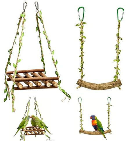 LEIIERUY Altalene Naturali in Legno per Gabbia Uccelli, Set da 2 Giochi Oscillanti Verdi con Ganci, Accessori per Cocorite e Pappagalli di Piccola e Media Taglia per attività e Divertimento Quotidian