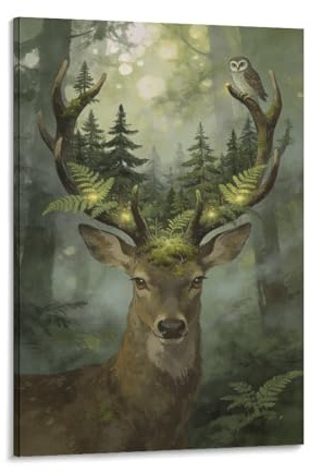 BOAMDLEOLLO Enchanted Stag Antler Forest Canvas Print, Fantasy Deer Head with Glowing Ferns & Owl, Woodland Spirit Wall Decor for Bedroom, Modern Nature Artwork 16x24