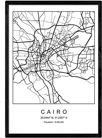 Nacnic Mappa della città Mappa Cairo Nordic Style in bianco e nero. Manifesto A3 Dimensione incorniciata con cornice nera carta stampata 250 gr. Immagini, fogli e poster per salone e camera da letto