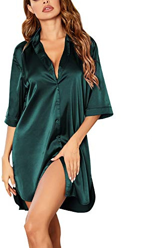 Ekouaer Satin nattlinne dam sommar kortärmad knappslå sexig nattklänning kort 3/4 ärmar sleepshirt med djup V-ringning nattkläder negligé, 4 grön, M