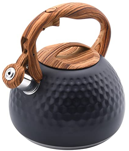 Foedo Bouilloire sifflante en acier inoxydable de 3,2 l pour cuisinière, théière de qualité alimentaire avec poignée à motif en bois pour café, lait, etc., compatible avec gaz électrique (noir)