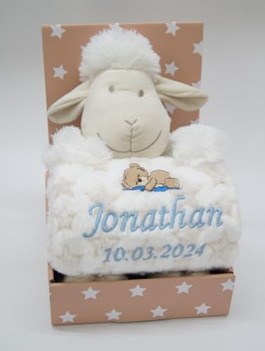 Generisch Geschenk-Set New Baby ★ Babydecke mit Namen + Plüschtier ★ Baby-Shower ★ Geburt ★ (Beige - Schaf 3)