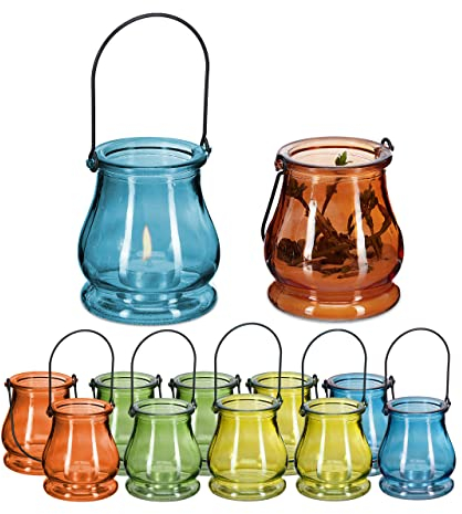 Relaxdays Lanterns Set of 12, Decorative Candle Holders for Outdoors & Indoors, H x D: 10 x 8,5 cm, Glass, Multicoloured