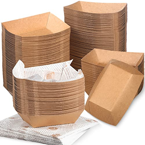 Potchen 1000 Pcs Disposable Paper Food Tray and Grease Proof Deli Liner, 2 lb Coated Paperboard Food Boats Wax Paper Holds Nacho Taco Hot Dog for Picnics Carnivals Birthday (Brown,Newspaper)