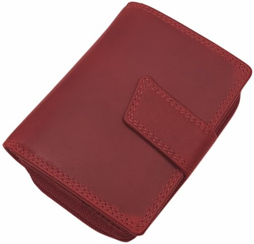 Kleine Echt Rindleder Damen Geldbörse/Geldbeutel/Portemonnaie/Geldtasche in Hochformat mit RFID & NFC Schutz (Ohne Motiv/Kirschrot)