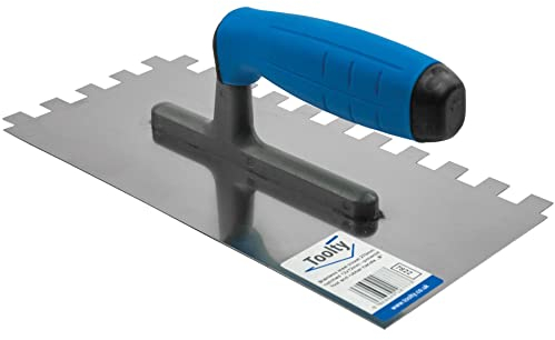 Toolty Notched Tiling Trowel - Stainless Steel - Non-Slip Rubber Handle - 12 x 12 mm Notch - 10.6 x 5.04 - for Applying Adhesives and Screeds