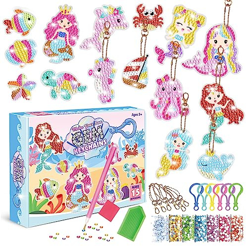 CAYUDEN Diamond Painting Portachiavi 5D, 15pcs DIY Diamond Art Keychain Kit Ornamenti Sirena, Pittura Diamante Strass Gem Ciondolo Arte e Artigianato per Bambini 6 8 10 12 Anni