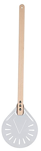 Pelle à Pizza Ronde, Pelle à Pizza Tournante en Alliage D'aluminium, Pelle à Pizza Perforée Antidérapante, Pagaie à Pizza en Métal Durable avec Manche en Bois de 60 Cm pour éviter(7 pouces)