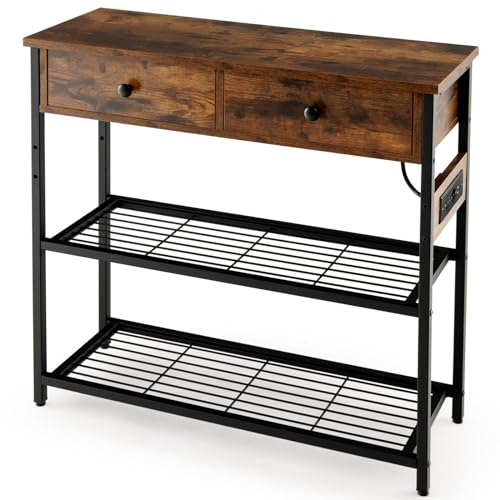 LIFEZEAL Konsolentisch mit Steckdose, Industrieller Flurtisch mit USB-Anschlüssen, Eingangstisch mit Ablageflächen & Schubladen, Schmaler Sofatisch Beistelltisch, 81 x 30 x 81 cm