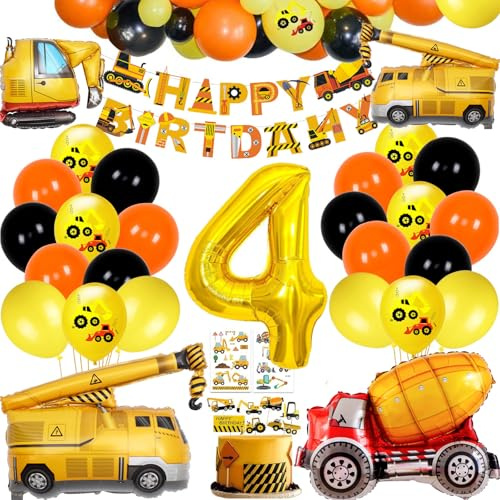 Bagger Geburtstag Deko, Bagger Deko Kindergeburtstag 4,Baustelle Geburtstagsdeko Jungen Kindergeburtstag Dekoration mit Bagger Luftballons Truck Bagger Folienballon für Geburtstagdeko Jungen