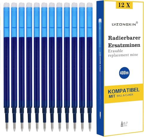 [12 Stück] - LVZONGXIN Radierbare Ersatzmine, Kompatibel mit Pilot FriXion Ball & Clicker & Eberhard Faber animal erase it, Tintenroller Radierbar, Spitze 0,7 mm,Nachfüllminen mit radierbarer Tinte
