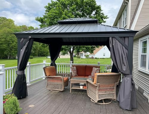 PURPLE LEAF Tonnelle de Jardin Exterieur 4 x 3 m Double Toit Rigide Gris | Fixation solide, Poteaux 12 x 12 cm, Conçue pour durer, Gouttière intégrée, Moustiquaire 260 g/m² et rideaux, Pergola Alu