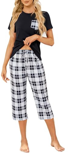 Reliwel Pyjama Femme Coton été Ensemble Femme à Manche Courte et Carreaux 3/4 Pantalon Vêtements de Nuit Col Rond 2 Pièces Doux Confortable