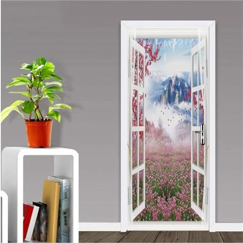 XAONUO Türtapete Selbstklebend Vinyl Türposter 3D Berge Wolken Blumenmeer Landschaft 95X215Cm Diy Türaufkleber Türfolie Türposter Selbstklebende Tür Abnehmbare Heimtapete Dekorative Kunst