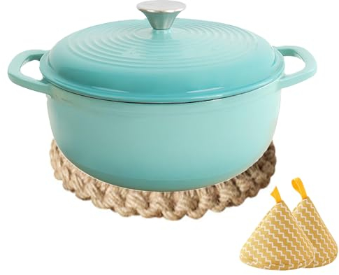 DYHQQ 4L Smaltato Ghisa Rotonda Casseruola Pentola con Coperchio Guanti da Forno in Silicone Presine Antiaderente Forno Olandese Pentole per Brasatura, Stufati, Arrosti, Cottura del Pane
