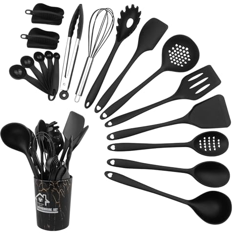Maxentico Utensilios de Cocina(18Pcs), Juego Cucharones de Silicona, Accesorios Set, Menaje, para Todas Ollas, para Hornear en La Cocina, con Cubo para Guardar Utensilios de Cocina(Negro)
