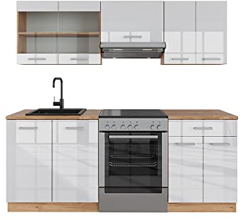 Vicco Küchenzeile R-Line, Weiß Hochglanz/Goldkraft Eiche, 200 cm, AP Eiche