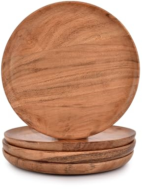 Kimona Acacia Wood Dinner Plates Set of 4 for Dishes Snack, Dessert Natural Wood Plates Serving Dinnerware Plate for Dinner (20.32cm x 20.32cmx 1.90cm)