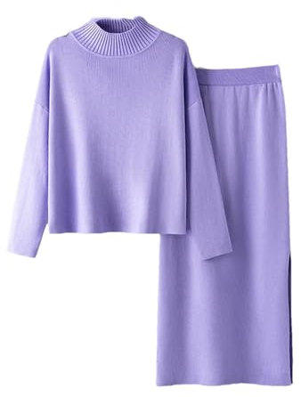 Damen-Pullover für den Herbst, zweiteilig, locker, warmer Pullover + geteilter langer Rock, Winter-Strickset, violett, Einheitsgröße