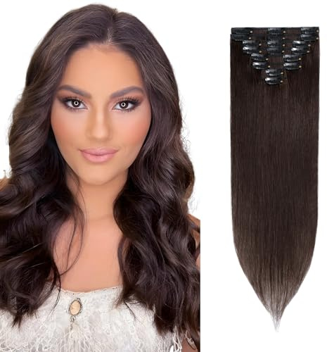 Rich Choices Clip in Extensions Echthaar 8 Stück Clip Extensions 35cm #2 Dunkelbraun Haarverlängerung Echthaar Remy Seidig Gerade Invisible Clip ins Haar Extensions Natürlich - Dünne Tressen