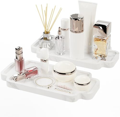 Yawinhe 2 Pièces Plateau de Salle de Bain, Organisateur à Bijoux Décoratif, Plateaux en Bois pour Bougie, Bijouterie, Savon, 30x12.5x2cm, Marbre Blanc
