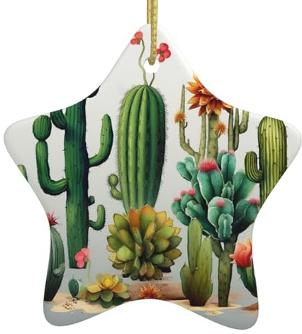 Décoration de Noël en céramique en forme d'étoile de cactus à suspendre avec cordon doré - Convient pour la maison, Noël, anniversaire