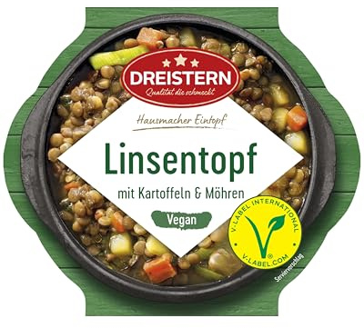DREISTERN Linseneintopf 400g I Mit Kartoffeln & Gemüse I Veganes Fertiggericht in Mikrowellenschale I Lange Haltbarkeit dank natürlicher Konservierung I Hausmacher Qualität