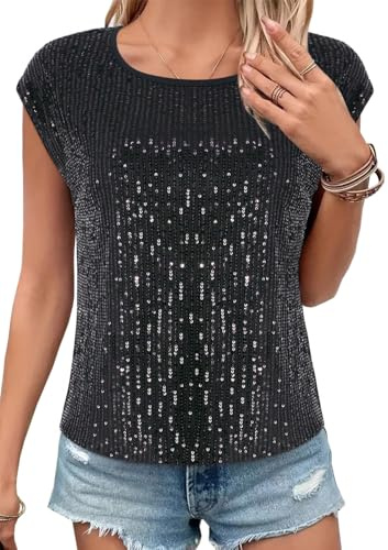 Segreto Damen Rundhals Locker Pailletten Tops Cap Ärmel Oberteil Party Glitzer Bluse Tanktop Shirt Cocktail Festliches Outfit