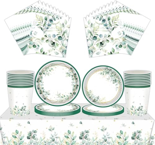 69Pcs Sage Green Party Tableware Set, 7inch 9inch Paper Plates and Napkins Cups Table Cloth Sets for Garden Party, Afternoon Tea, Baby Shower, Wedding,Birthday Decor