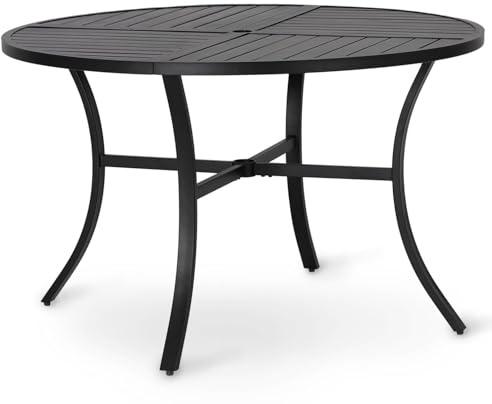 PHI VILLA Gartentisch Esstisch Balkontisch Wetterfest, 107cm Outdoor Rund Terrassentisch mit Schirmloch für 4, Schwarze Metall E-Beschichtung Garten Außen Tisch für Hinterhof Veranda Terrasse