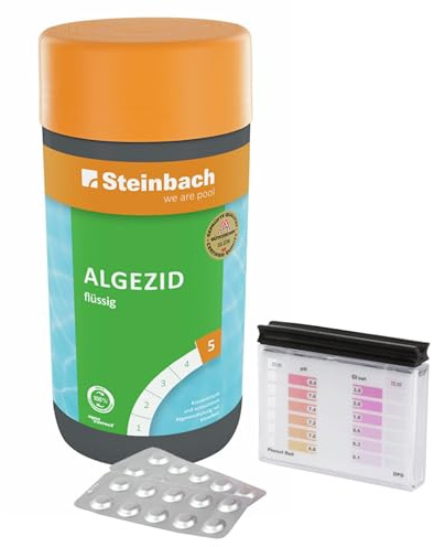Steinbach | Poolpflege Test-Set | Algezid 1l & Testkit für pH-Wert/Chlor | ideal zur Wasserkontrolle von pH-Wert und freiem Chlor | Poolwasser sauber & kristallklar
